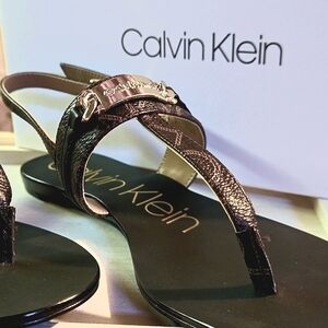 CALVIN KLEIN MONOGRAM SANDALS, IN Original Box! Brown/Gold.